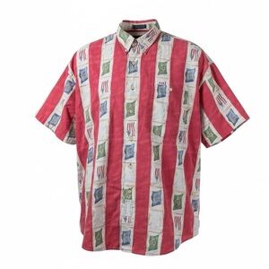 Vintage Ralph Lauren Chaps Mens XL 90s Red White Striped Flag Print Cotton Shirt